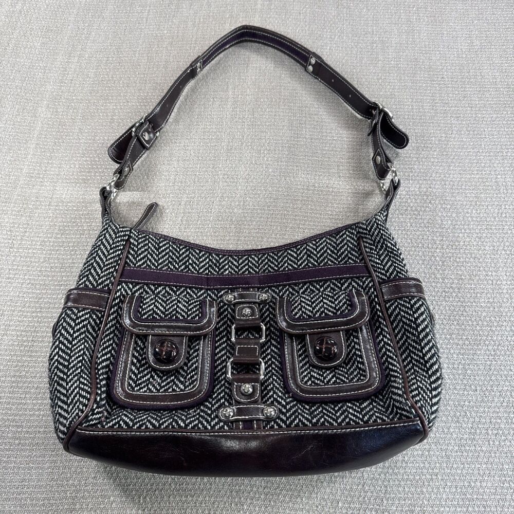 Vtg 90s Apt 9 Herringbone Shoulder Bag with Leather Trim Pockets Purse Handbag